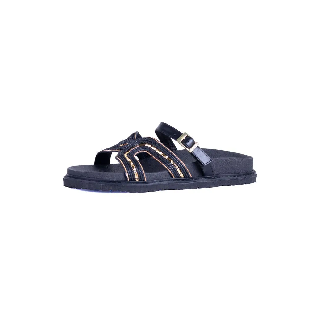 ZUECO 9270 NEGRO DE RAFIA CON HEBILLA BASE BAJA